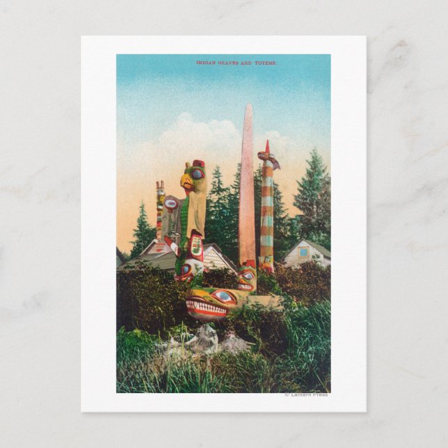 Sicht auf die indischen Gräber und Totempoles Postkarte (Vorderseite)