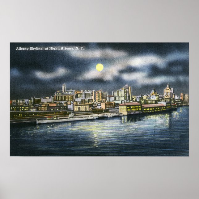 Sicht auf die Skyline von Albany in der Nacht Poster (Vorne)