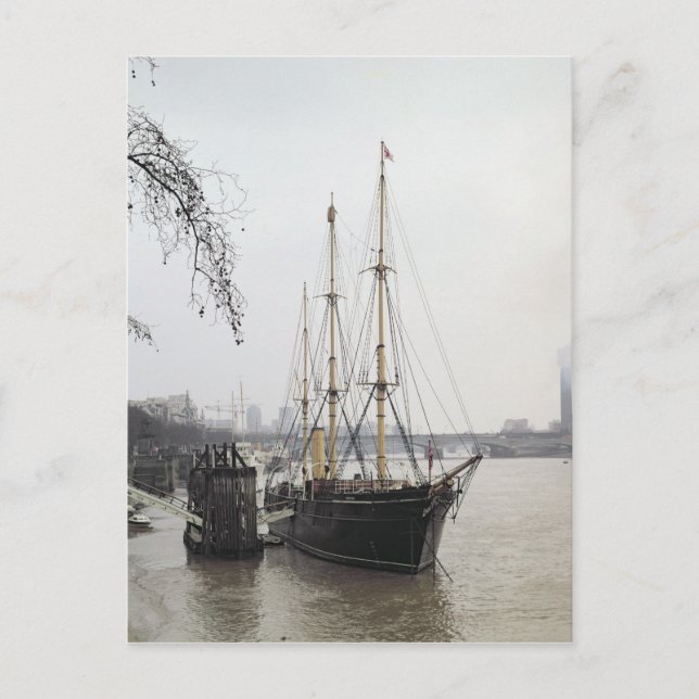 Sicht auf die Themse mit RRS Discovery Postkarte (Vorderseite)