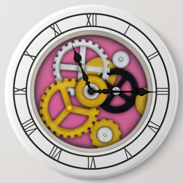 Sichtbare Uhrwerk Illusion Fantasievolle Uhr Rosa Button (Vorderseite)