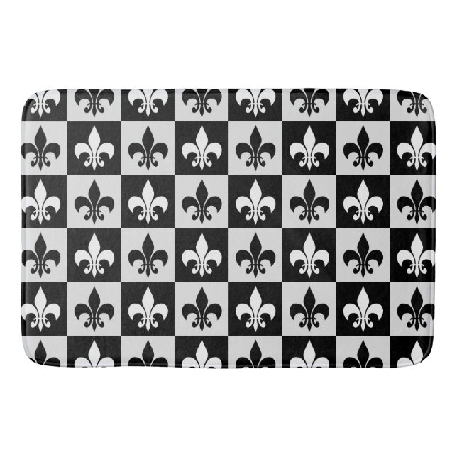 Sichtbares Schwarz-weißes Fleur-De-Lis-Muster Badematte (Vorderseite)