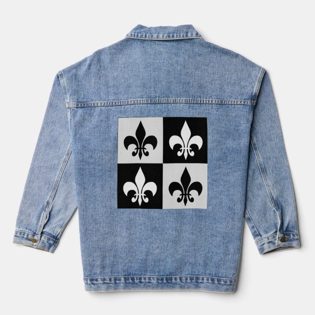 Sichtbares Schwarz-weißes Fleur-De-Lis-Muster Jeansjacke (Rückseite)