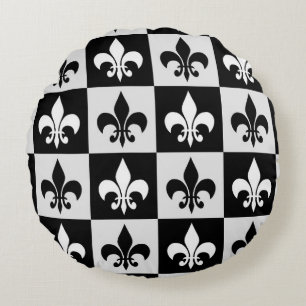 Sichtbares Schwarz-weißes Fleur-De-Lis-Muster Rundes Kissen