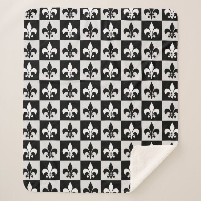 Sichtbares Schwarz-weißes Fleur-De-Lis-Muster Sherpadecke (Vorderseite)