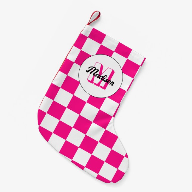 Sichtbares, weißes, rosa Retro-Monogramm Kleiner Weihnachtsstrumpf (Vorderansicht (hängend))