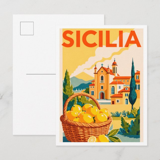 Sicilia Italien Art Vintage Illustration Postkarte (Vorne/Hinten)