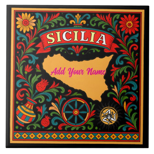 Sicilia Sicilian Design Tile (customize with name) Fliese (Vorderseite)