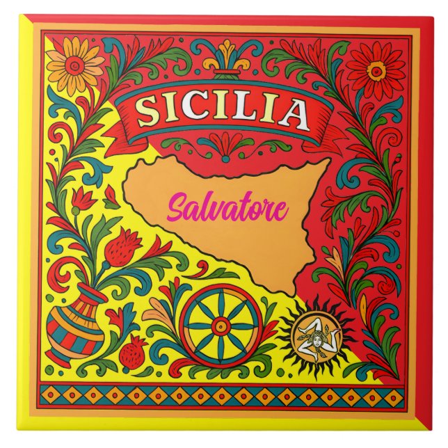 Sicilia Sicilian Design Tile (customize with name) Fliese (Vorderseite)