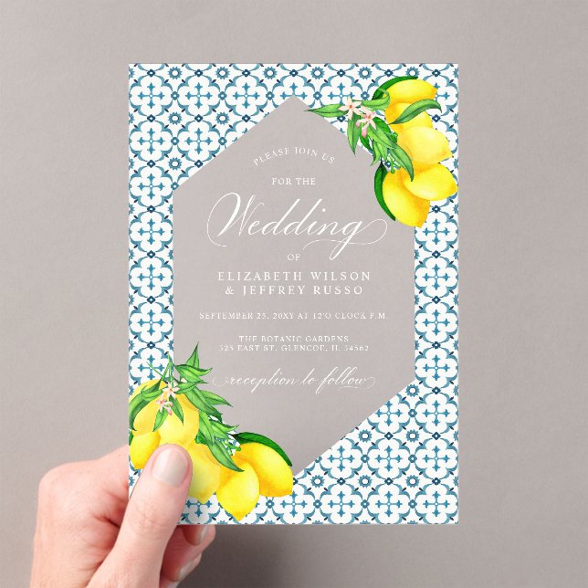 Sicilian Blue Tiles Summer Lemon Boho Wedding Acryleinladungen (Insitu (Handheld))