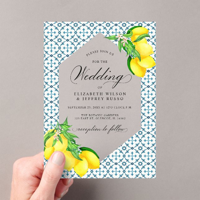 Sicilian Blue Tiles Summer Lemon Boho Wedding Acryleinladungen (Insitu (Handheld))