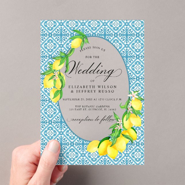 Sicilian Blue Tiles Summer Lemon Boho Wedding Acryleinladungen (Insitu (Handheld))