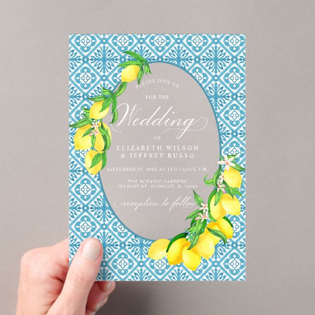 Sicilian Blue Tiles Summer Lemon Boho Wedding Acryleinladungen (Insitu (Handheld))