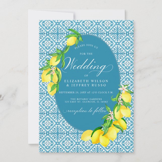 Sicilian Blue Tiles Summer Lemon Boho Wedding Einladung (Vorderseite)