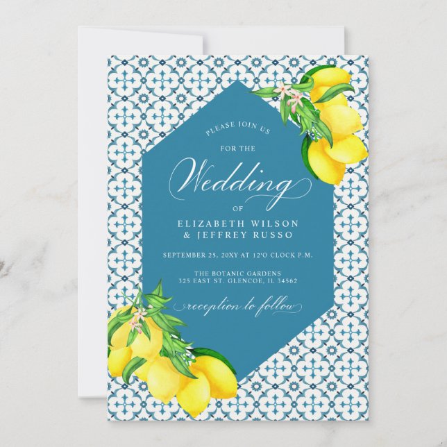 Sicilian Blue Tiles Summer Lemon Boho Wedding Einladung (Vorderseite)
