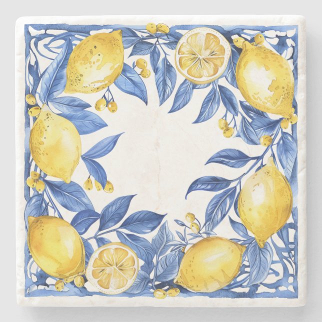 Sicilian Lemon Tiles Pattern Mediterranean Dolce  Steinuntersetzer (Vorderseite)