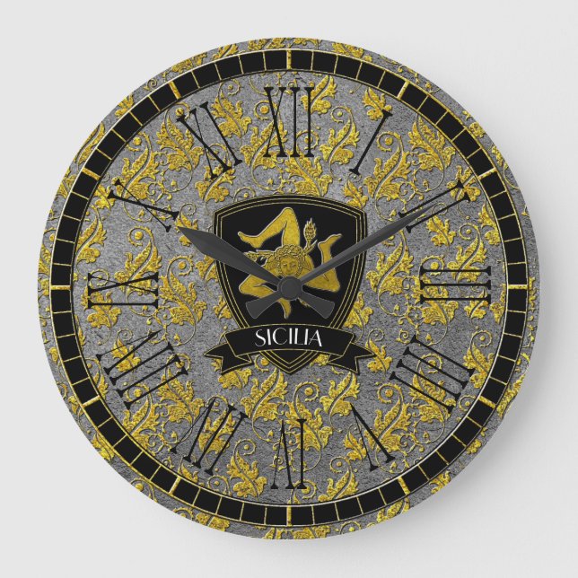 Sicilian Trinacria Elegante Gold Silver Große Wanduhr (Vorderseite)