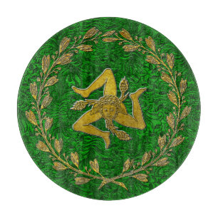 Sicilian Trinacria Olive Wreath Patina Hintergrund Schneidebrett