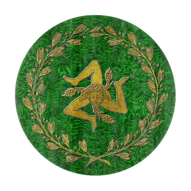 Sicilian Trinacria Olive Wreath Patina Hintergrund Schneidebrett (Vorderseite)