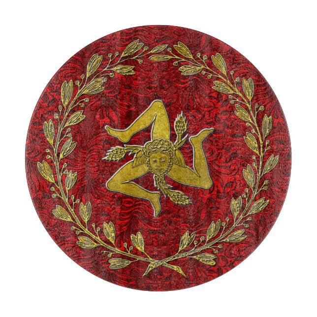 Sicilian Trinacria Olive Wreath Patina Hintergrund Schneidebrett (Vorderseite)