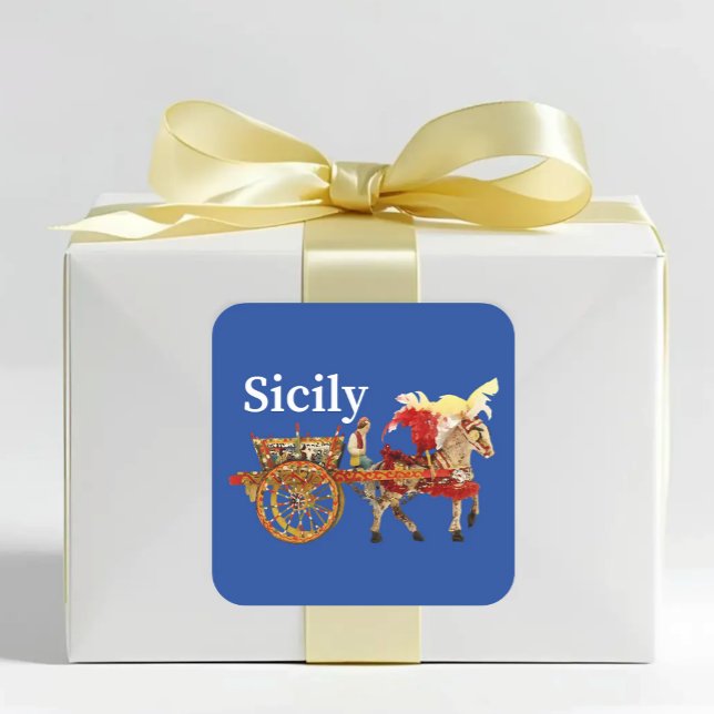 Sicily Cart and Horse Carretto Siciliano Blue Quadratischer Aufkleber (Sicily traditional horse and cart Blue sticker - Sicilian heritage carretto siciliano)