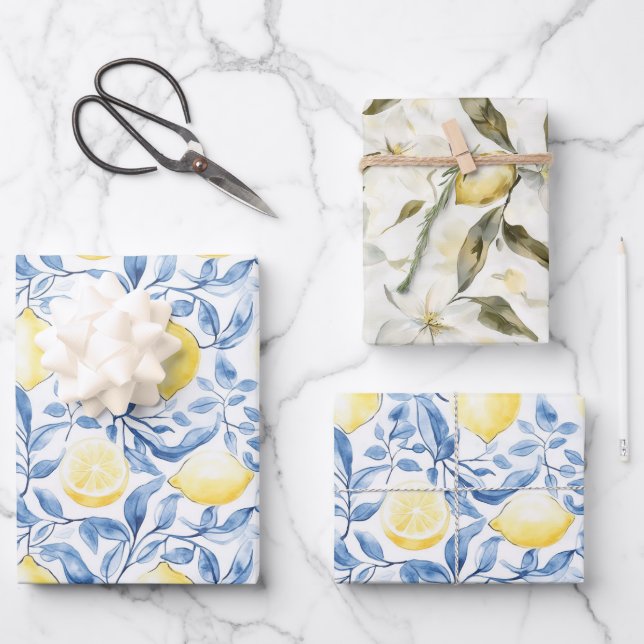Sicily Italian Rustic Blue Leaves Lemons  Geschenkpapier Set (Vorderseite)