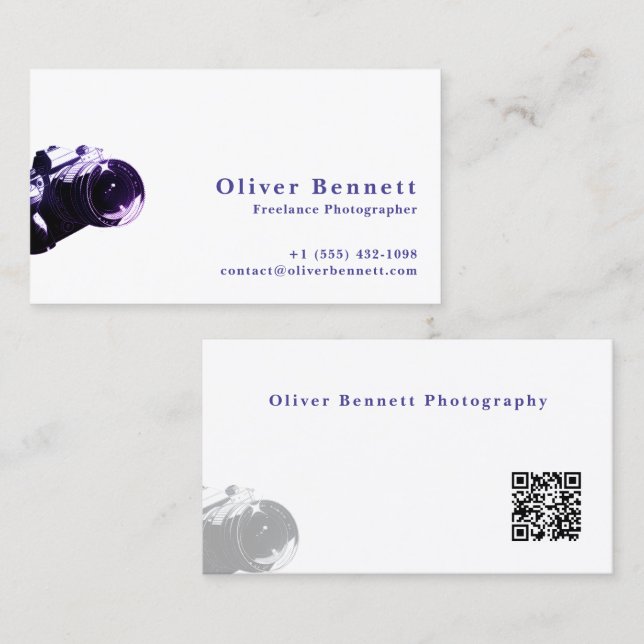 Side-cut PurpleDesign Camera Photographer QR Code  Visitenkarte (Vorne/Hinten)