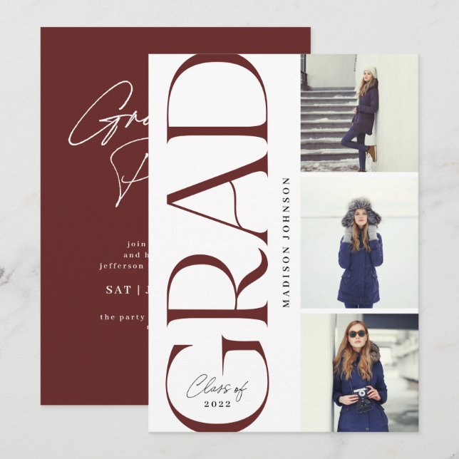 Side Typografy Abschluss 2022 3 Foto Party Rot Einladung (Vorne/Hinten)