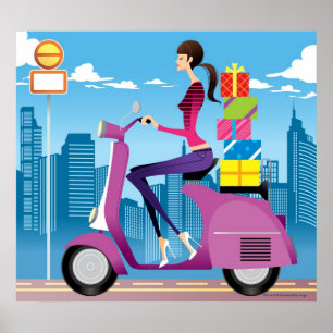 Side view of woman with gifts on scooter poster