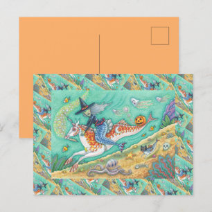 SIDESADDLE WITCH MERMAID, UNICORN MERHORSE FANTASY FEIERTAGSPOSTKARTE