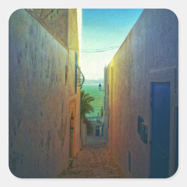 Sidi Bou Said Laneway Quadratischer Aufkleber (Vorderseite)