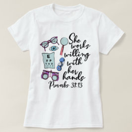 Sie arbeitet bereit mit ihrer Handbibeloptometrie T-Shirt