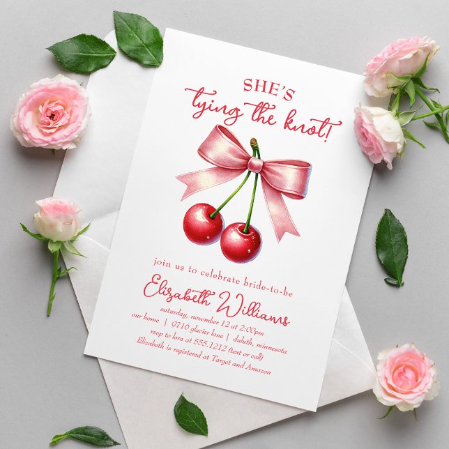 Sie bindet das Brautparty der Knot Coquette Cherry Einladung (She's Tying the Knot Coquette Cherry Bridal Shower Invitation)