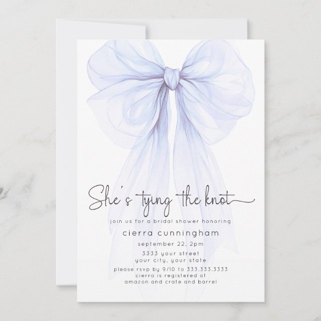 Sie bindet das Brautparty des "Knot Blue Bow" Einladung (Vorderseite)