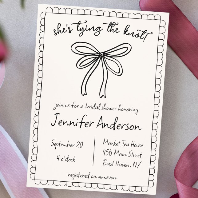 Sie bindet das handgezeichnete Brautparty an Einladung ("she's tying the knot" hand drawn doodle whimsical bridal shower invitation coquette bow scallop)