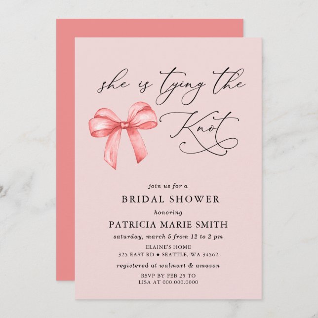 Sie bindet das knochenrosa Brautparty Einladung (Vorne/Hinten)