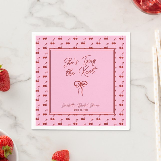 Sie bindet den Cocktail des Knot-Cherry-Brautparty Serviette (Add a cheerful touch with these custom "She's Tying the Knot" bridal shower cocktail napkins)