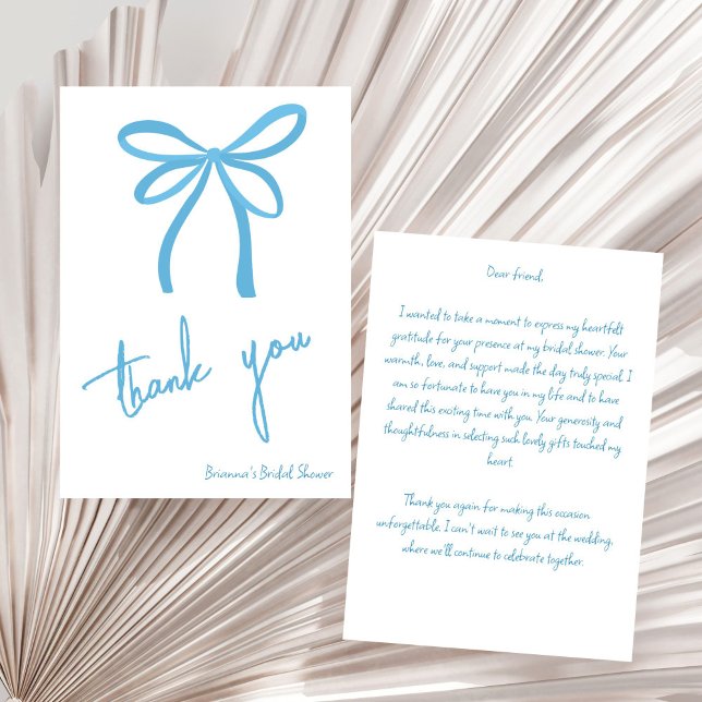 Sie bindet den knochenblauen Bandbogen Dankeskarte (She's tying the knot blue ribbon bow bridal shower thank you card)