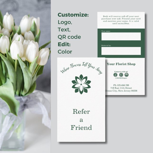 🌸 Sie eine Freundeskarte für das benutzerdefinier Treuekarte (🌸Custom White & Green Florist Refer a Friend Card, Tagline, Custom Logo, Conditions, Social Icons)