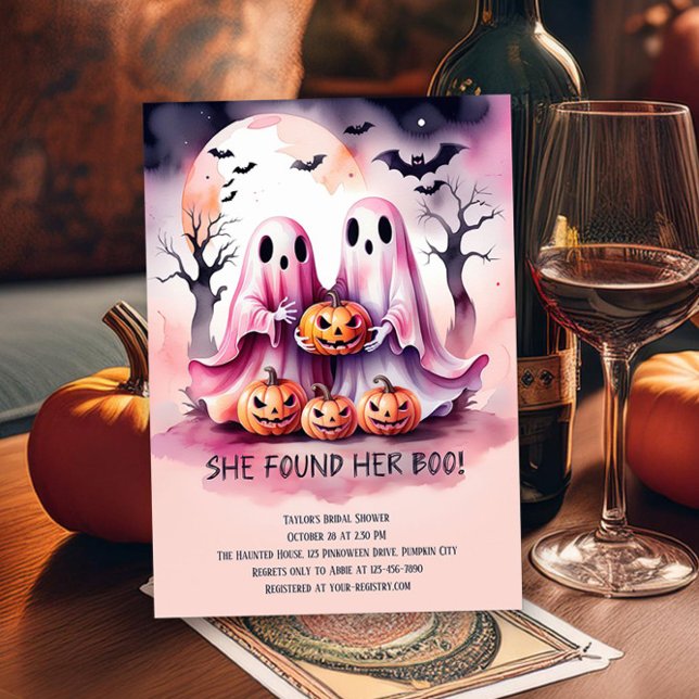 Sie fand ihr boo-rosa Geister-Brautparty Einladung (She Found Her Boo! Cute pink ghosts for Halloween or Pinkoween Bridal Shower themes by Darling & May)
