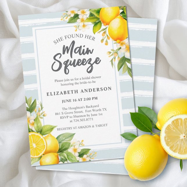 Sie fand ihr Haupt Squeeze Lemon Brautparty Einladung (An elegant lemon themed main. squeeze bridal shower invitation.)