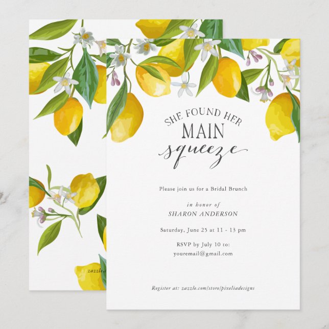 Sie fand ihre Haupt-Squeeze, Lemon Baby Dusche Einladung (Vorne/Hinten)