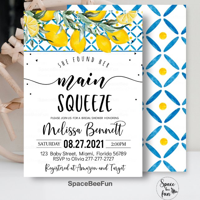 Sie fand ihren wichtigsten Squeeze Brautparty Einl Einladung (She Found Her,Main Squeeze Bridal Shower,Invitation,Mediterranean,Lemon Blue Azulejo,Tiles Lemon,Bri)