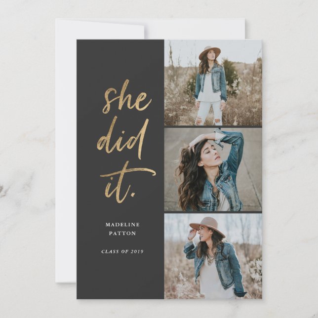 Sie gab Gold & Black Abschluss bekannt Einladung (Vorderseite)