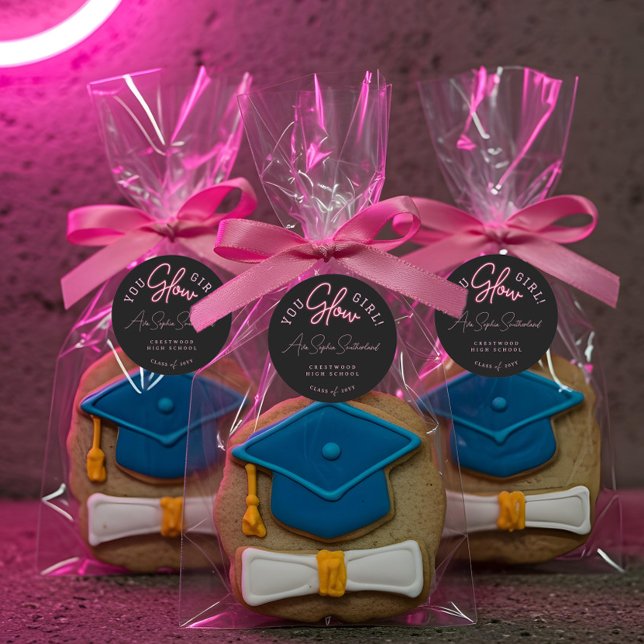 Sie Glow Girl Grad Pink Neon Script Abschluss Runder Aufkleber (You Glow Girl Grad Pink Neon Script Graduation Classic Round Sticker)