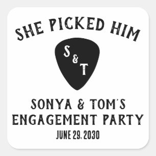 Sie hat ihn gewählt! Gitarren-Engagement-Party Quadratischer Aufkleber