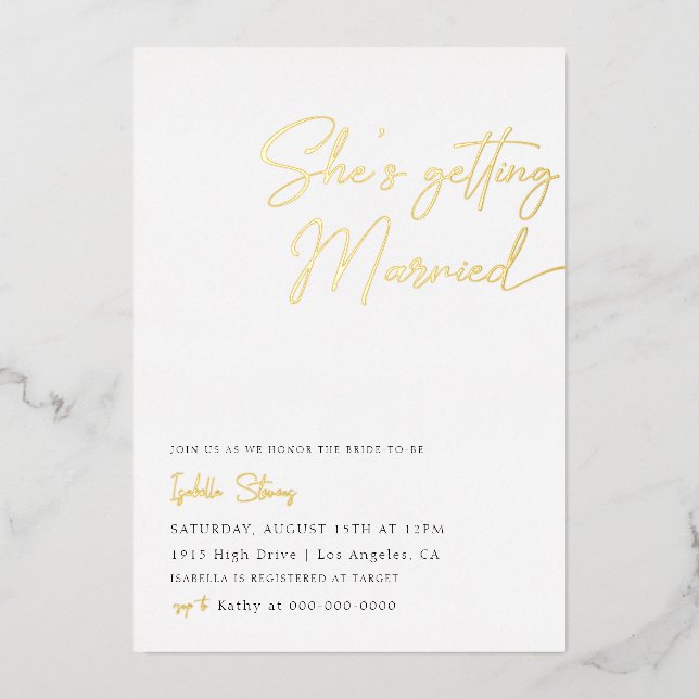 Sie heiratet Minimalistisches Brautparty Folieneinladung (Vorderseite)