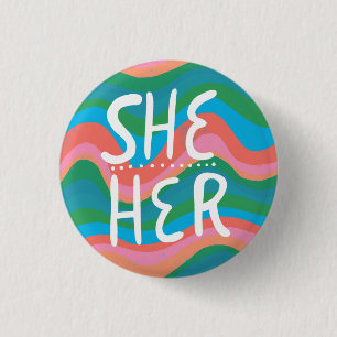 Sie/ihr Pronouns farbenfroher Handbrief Grün rosa Button