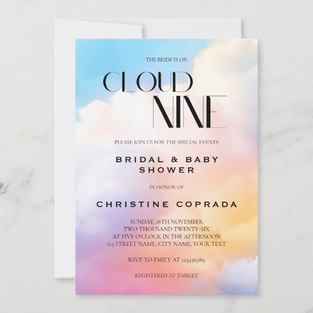 Sie ist auf Cloud Nine Pastel Bridal und Babydusch Einladung (Vorderseite)
