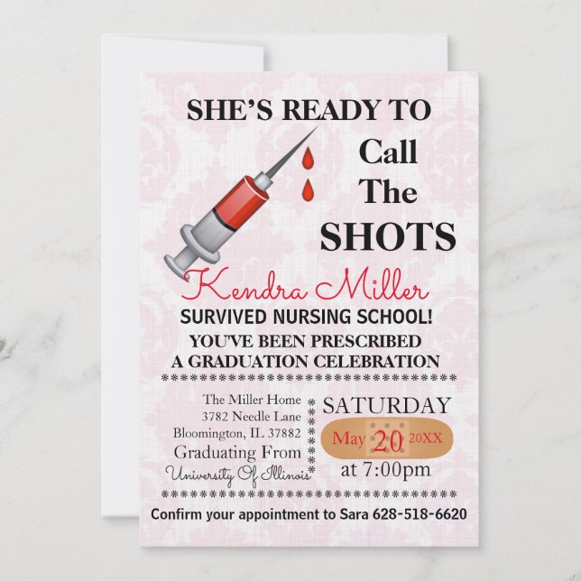 Sie ist bereit, den Shots Nursing Abschluss zu nen Einladung (Vorderseite)