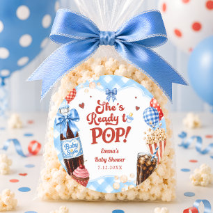 Sie ist bereit, Limonade Blau Gingham Baby Shower Runder Aufkleber